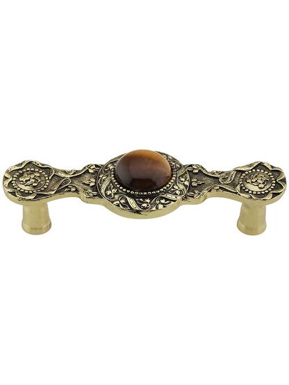Victorian Jewel Pull Inset with Tiger Eye - 3 inch Center-to-Center in Brite Brass.